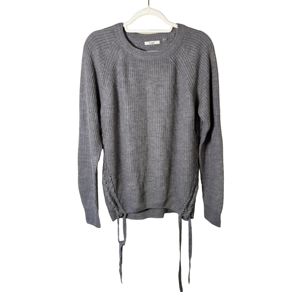 Dex Classic Charcoal Knit Lace Up Sweater Size L Cozy Casual Winter Textured